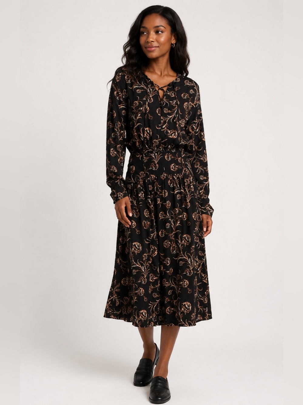 33. Treasure & Bond • nwt Rayon Black and Brown Floral Long Sleeve Dress